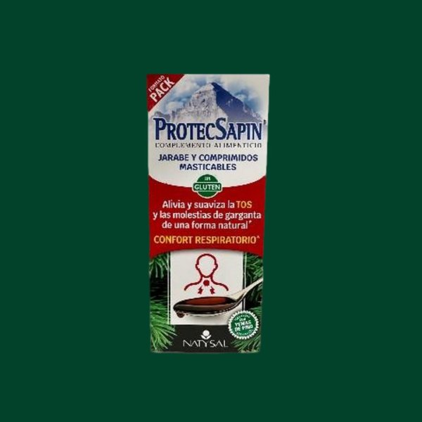Protec Sapin de Natysal es un jarabe natural a base de pino, llantén, grindelia, eucalipto y própolis, formulado para calmar la garganta y favorecer el bienestar respiratorio de forma efectiva y agradable."